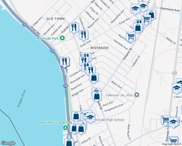 map of restaurants, bars, coffee shops, grocery stores, and more near 132 Royal Avenue in Buffalo