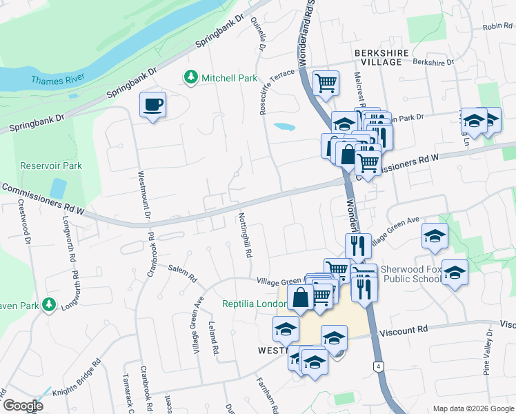 map of restaurants, bars, coffee shops, grocery stores, and more near 620 Commissioners Road West in London