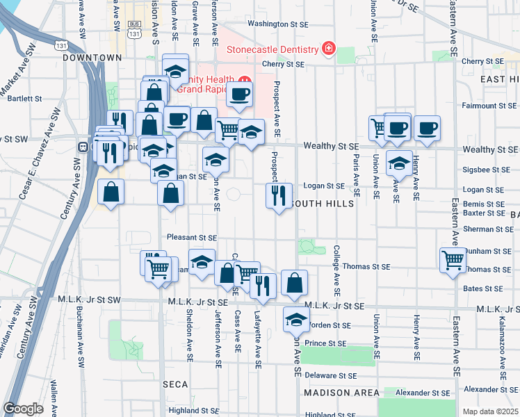 map of restaurants, bars, coffee shops, grocery stores, and more near 549 Lafayette Avenue Southeast in Grand Rapids