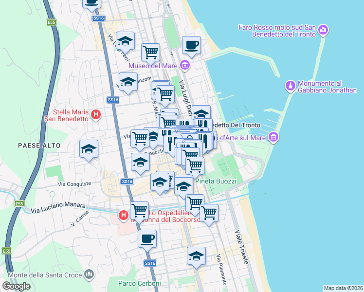 map of restaurants, bars, coffee shops, grocery stores, and more near 18 Via Raffaello Sanzio in San Benedetto del Tronto