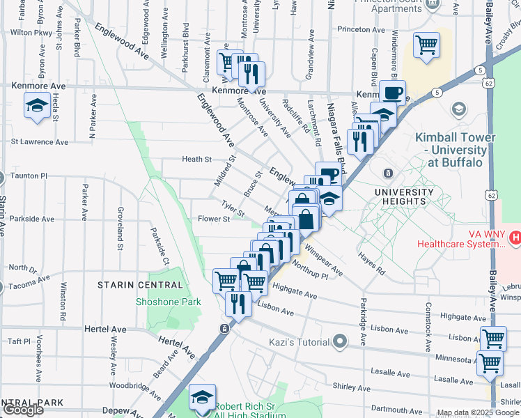 map of restaurants, bars, coffee shops, grocery stores, and more near 41 Tyler Street in Buffalo