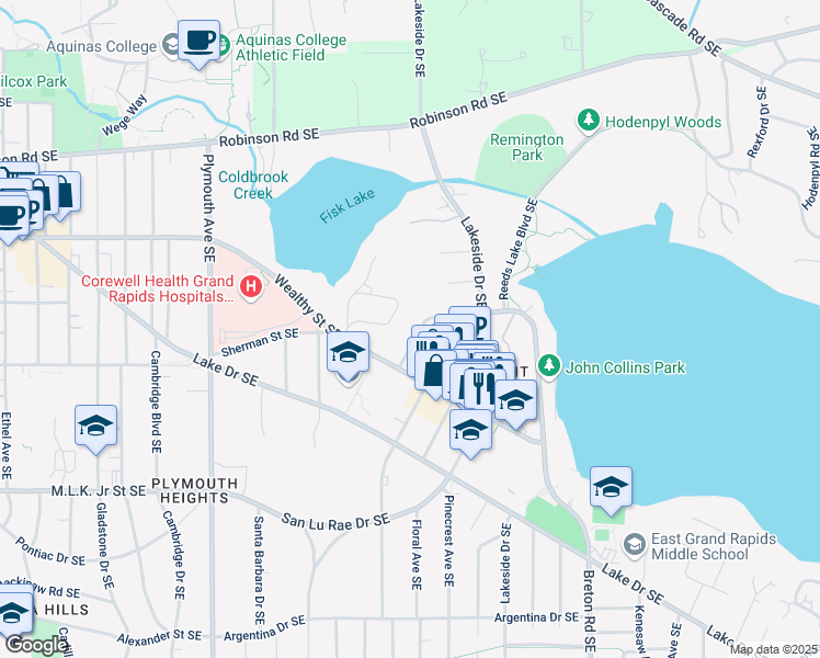 map of restaurants, bars, coffee shops, grocery stores, and more near 557 Greenwood Avenue Southeast in Grand Rapids