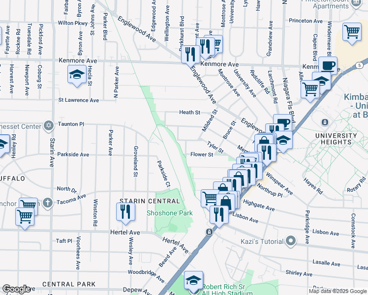 map of restaurants, bars, coffee shops, grocery stores, and more near 12 Angle Street in Buffalo