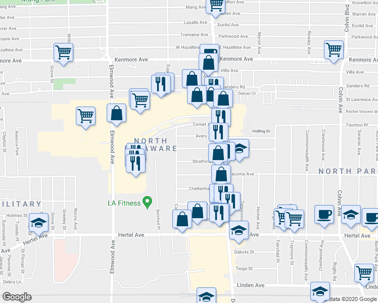 map of restaurants, bars, coffee shops, grocery stores, and more near 103 Hartwell Road in Buffalo
