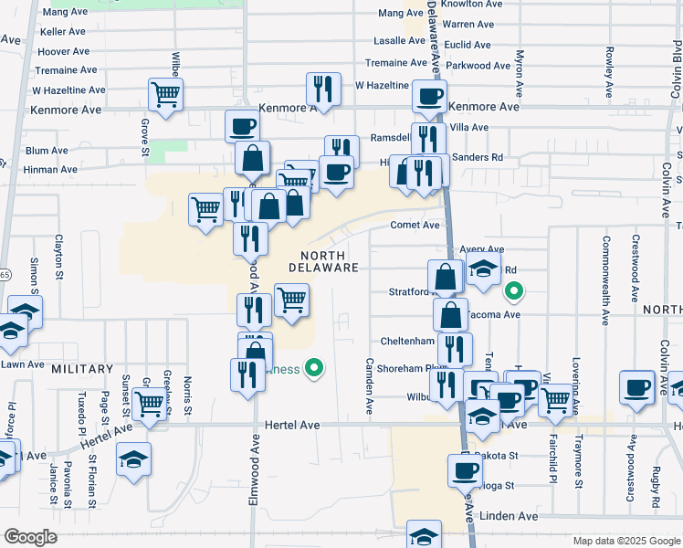 map of restaurants, bars, coffee shops, grocery stores, and more near 39 Hartwell Road in Buffalo