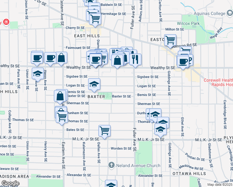 map of restaurants, bars, coffee shops, grocery stores, and more near 1062 Bemis Street Southeast in Grand Rapids