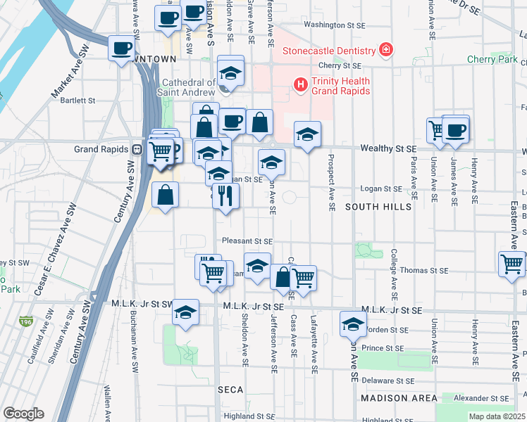 map of restaurants, bars, coffee shops, grocery stores, and more near 128 Buckley Street Southeast in Grand Rapids
