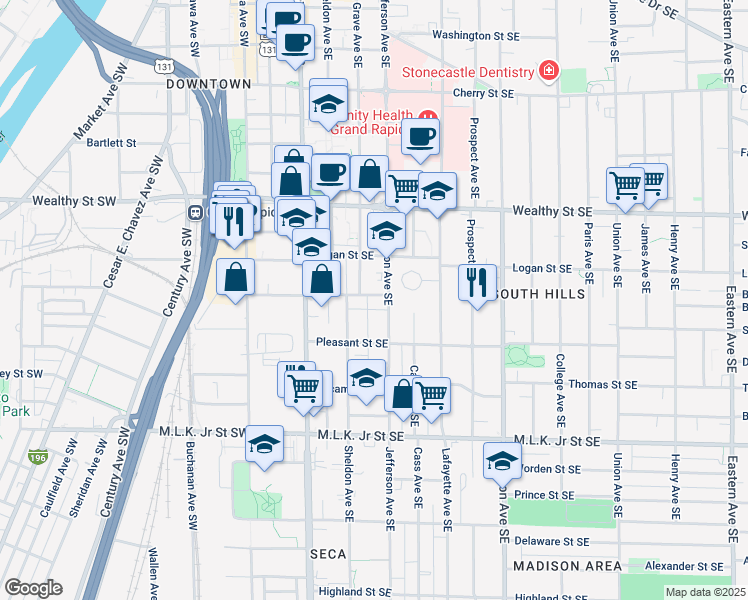 map of restaurants, bars, coffee shops, grocery stores, and more near 126 Buckley Street Southeast in Grand Rapids