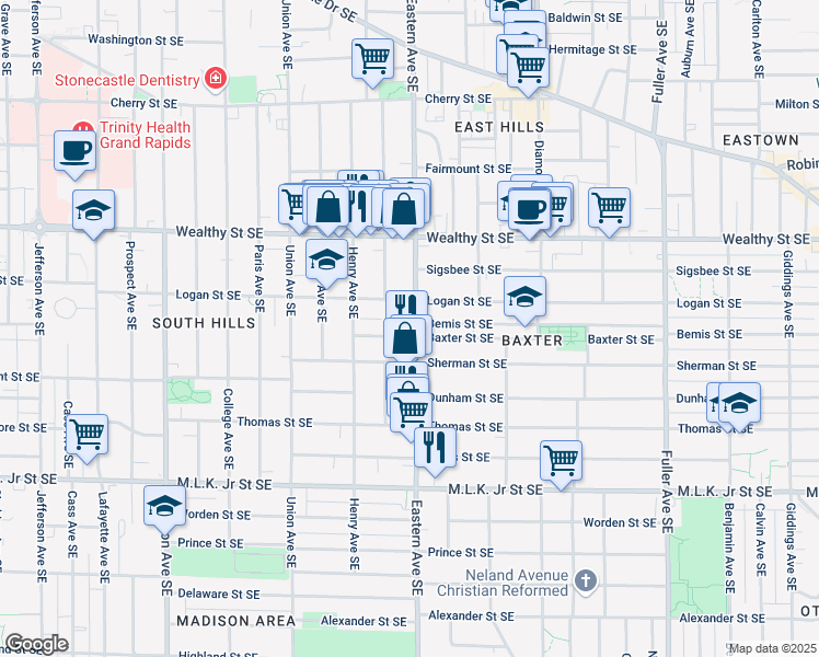 map of restaurants, bars, coffee shops, grocery stores, and more near 525 Eastern Avenue Southeast in Grand Rapids