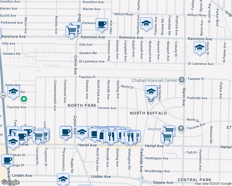 map of restaurants, bars, coffee shops, grocery stores, and more near 278 Sterling Avenue in Buffalo