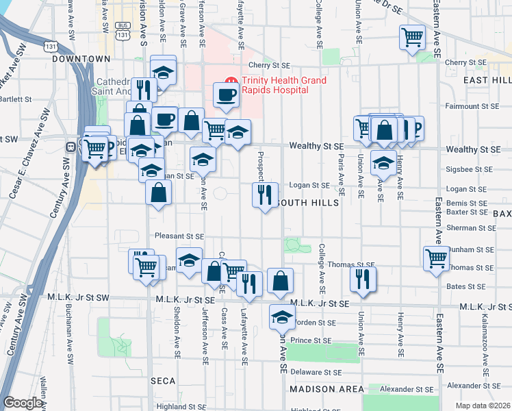 map of restaurants, bars, coffee shops, grocery stores, and more near 533 Prospect Avenue Southeast in Grand Rapids