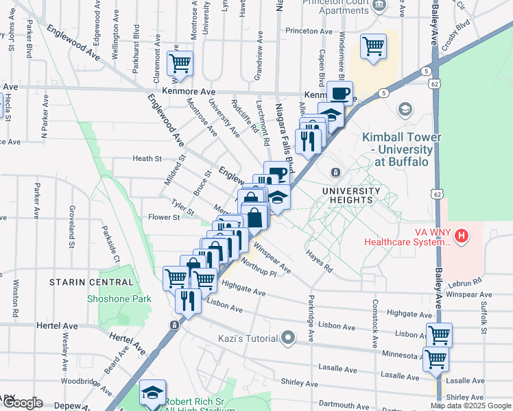 map of restaurants, bars, coffee shops, grocery stores, and more near 3242 Main Street in Buffalo
