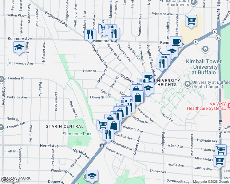 map of restaurants, bars, coffee shops, grocery stores, and more near 41 Tyler Street in Buffalo