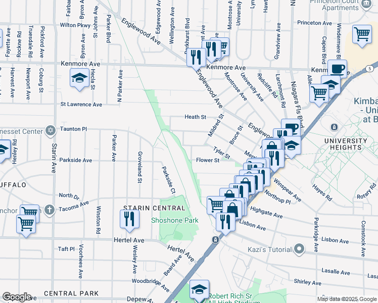 map of restaurants, bars, coffee shops, grocery stores, and more near 94 Flower Street in Buffalo