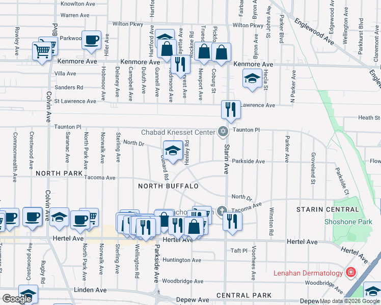 map of restaurants, bars, coffee shops, grocery stores, and more near 12 Henley Road in Buffalo