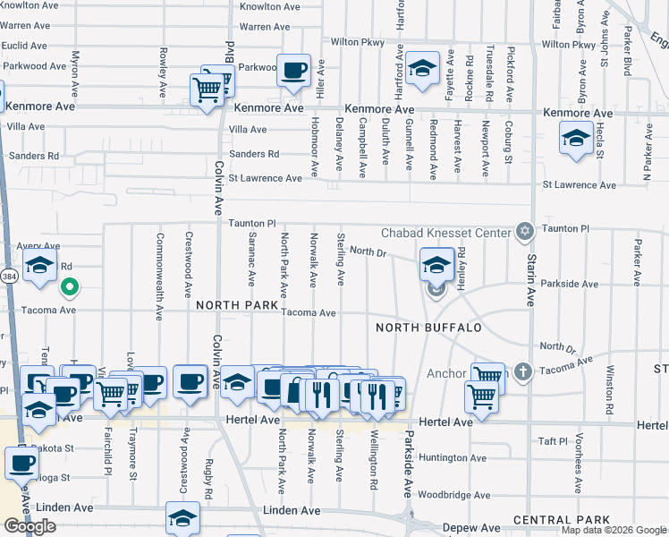 map of restaurants, bars, coffee shops, grocery stores, and more near 278 Sterling Avenue in Buffalo