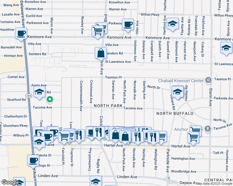 map of restaurants, bars, coffee shops, grocery stores, and more near 290 North Park Avenue in Buffalo