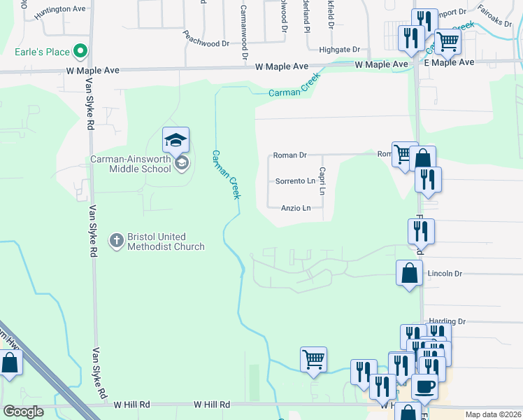 map of restaurants, bars, coffee shops, grocery stores, and more near 1245 Anzio Lane in Flint