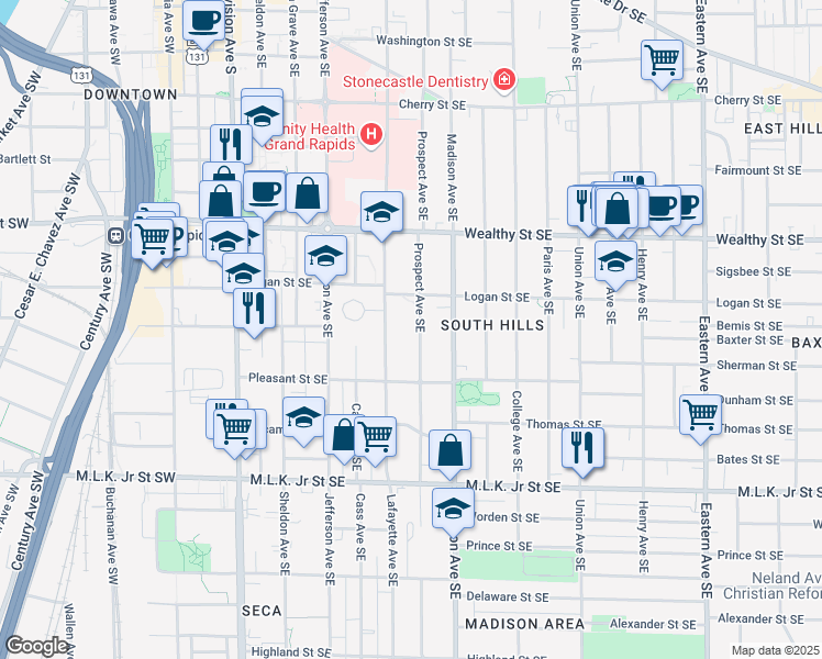 map of restaurants, bars, coffee shops, grocery stores, and more near 547 Prospect Avenue Southeast in Grand Rapids