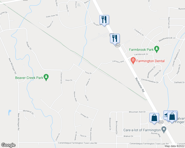 map of restaurants, bars, coffee shops, grocery stores, and more near 1685 Jasper Drive in Ontario County