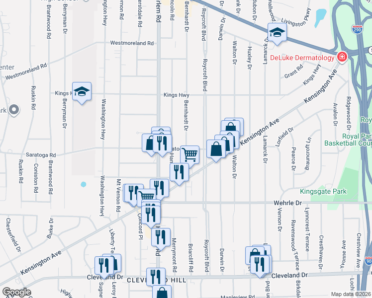 map of restaurants, bars, coffee shops, grocery stores, and more near Saratoga Road & Bernhardt Drive in Buffalo