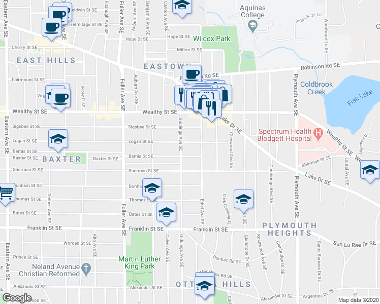 map of restaurants, bars, coffee shops, grocery stores, and more near 1417 Bemis Street Southeast in Grand Rapids