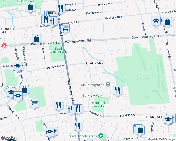 map of restaurants, bars, coffee shops, grocery stores, and more near 101 Highview Avenue East in London