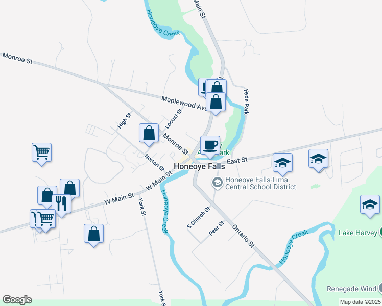 map of restaurants, bars, coffee shops, grocery stores, and more near in Honeoye Falls