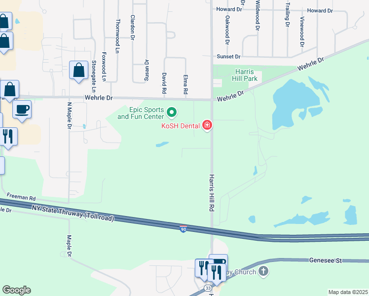 map of restaurants, bars, coffee shops, grocery stores, and more near 375 Harris Hill Road in Buffalo