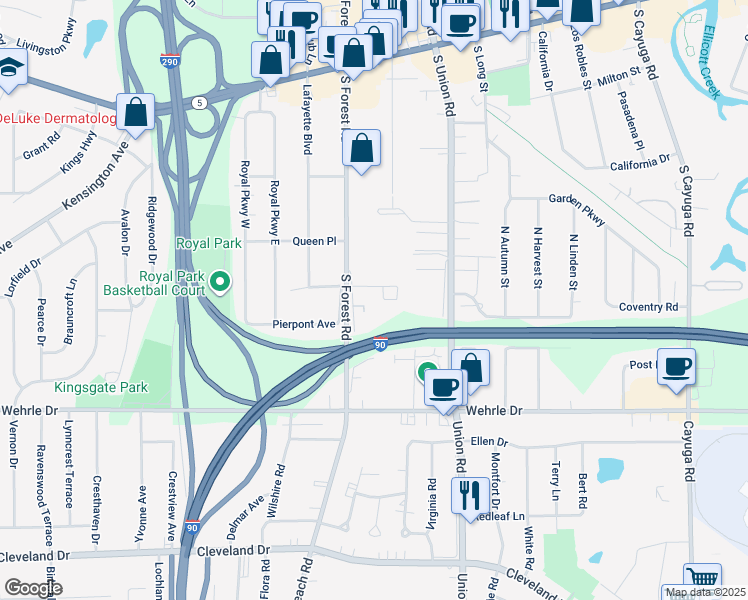 map of restaurants, bars, coffee shops, grocery stores, and more near 65 Williamsburg Square in Buffalo