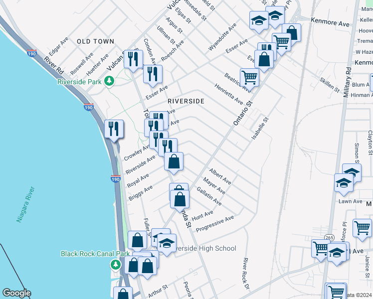 map of restaurants, bars, coffee shops, grocery stores, and more near 181 Royal Avenue in Buffalo