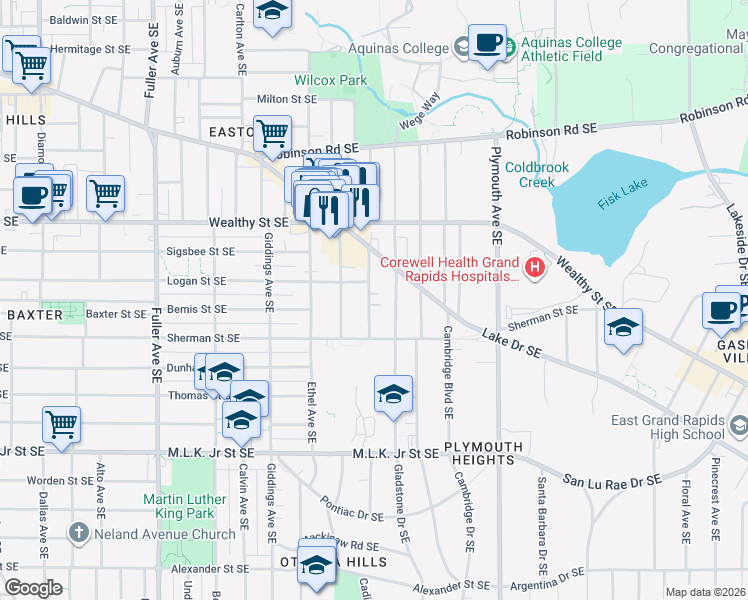 map of restaurants, bars, coffee shops, grocery stores, and more near 539 Glenwood Avenue Southeast in Grand Rapids
