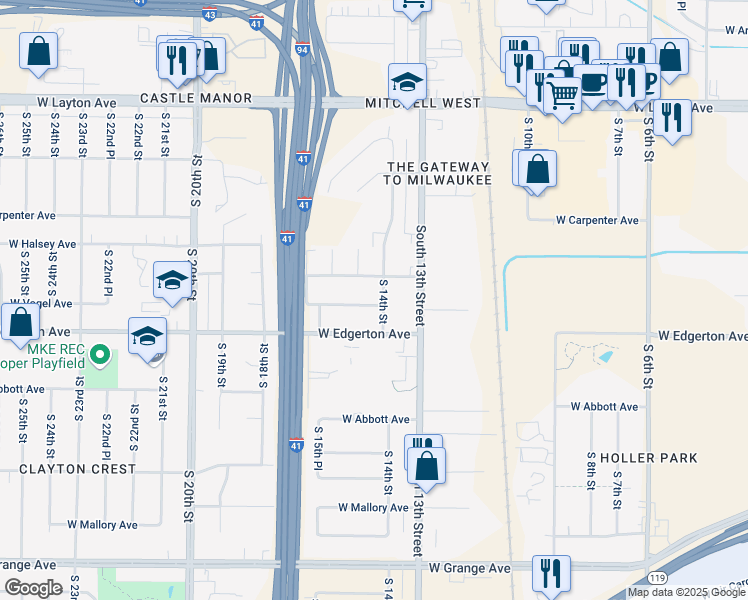 map of restaurants, bars, coffee shops, grocery stores, and more near 1416 West Edgerton Avenue in Milwaukee