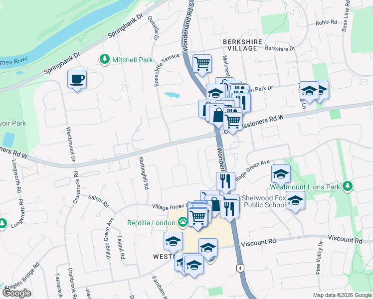map of restaurants, bars, coffee shops, grocery stores, and more near 614 Westmount Crescent in London