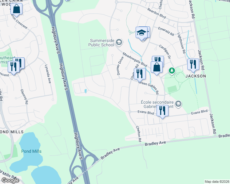 map of restaurants, bars, coffee shops, grocery stores, and more near 2155 Evans Boulevard in London