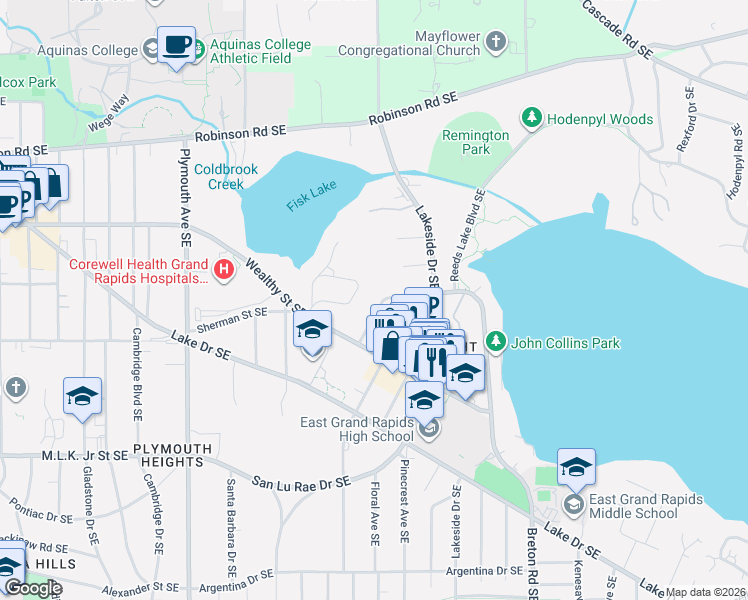 map of restaurants, bars, coffee shops, grocery stores, and more near 545 Greenwood Avenue Southeast in East Grand Rapids