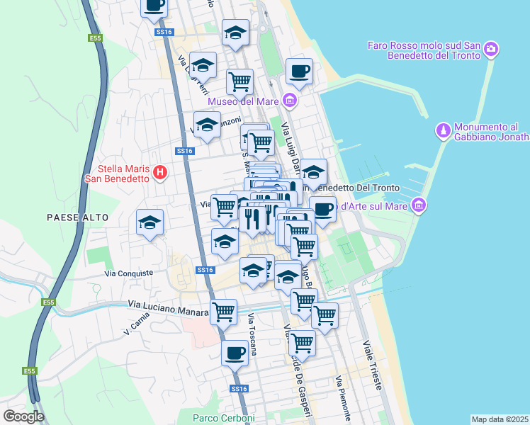 map of restaurants, bars, coffee shops, grocery stores, and more near 11 Via Raffaello Sanzio in San Benedetto del Tronto