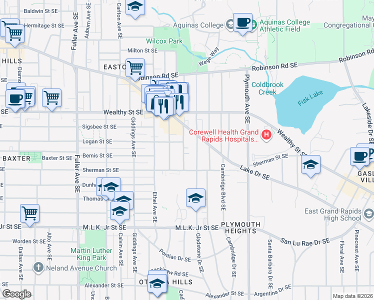 map of restaurants, bars, coffee shops, grocery stores, and more near 539 Glenwood Avenue Southeast in Grand Rapids