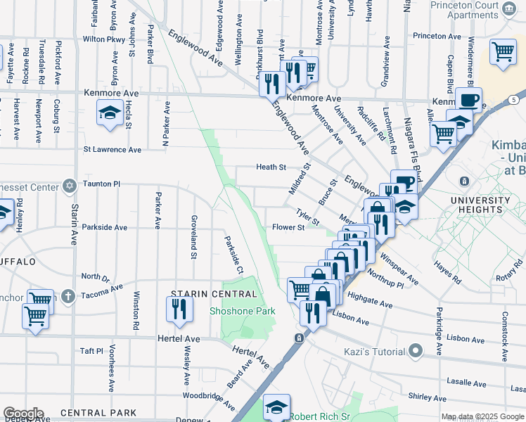 map of restaurants, bars, coffee shops, grocery stores, and more near 18 Angle Street in Buffalo