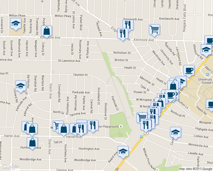 map of restaurants, bars, coffee shops, grocery stores, and more near 167 Shoshone Street in Buffalo