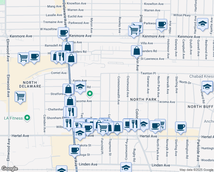 map of restaurants, bars, coffee shops, grocery stores, and more near 169 Virgil Avenue in Buffalo