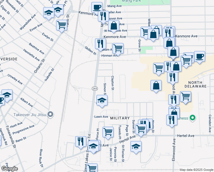 map of restaurants, bars, coffee shops, grocery stores, and more near 41 Simon Street in Buffalo