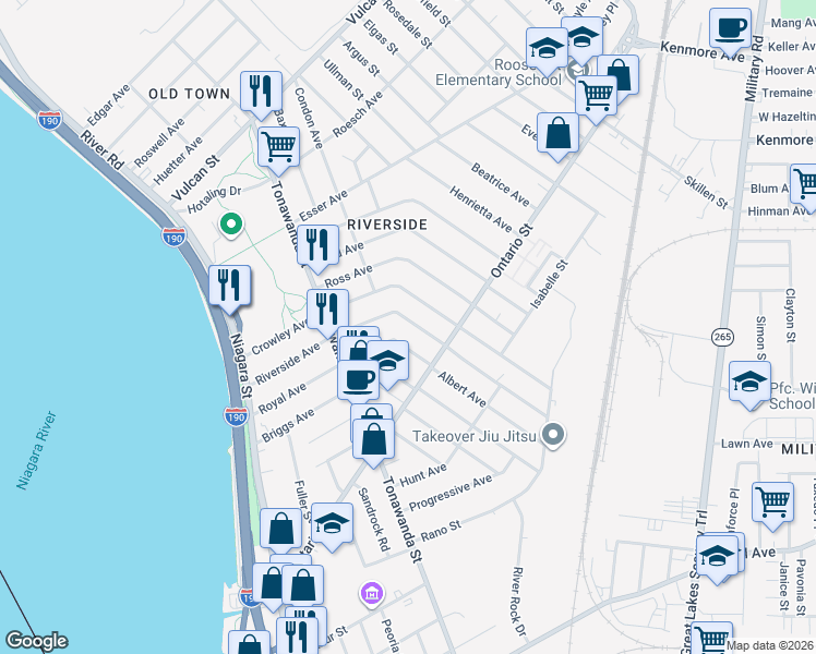 map of restaurants, bars, coffee shops, grocery stores, and more near 181 Royal Avenue in Buffalo