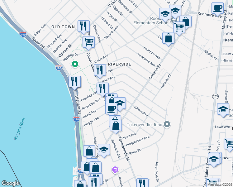 map of restaurants, bars, coffee shops, grocery stores, and more near 132 Royal Avenue in Buffalo