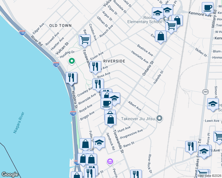 map of restaurants, bars, coffee shops, grocery stores, and more near 132 Royal Avenue in Buffalo