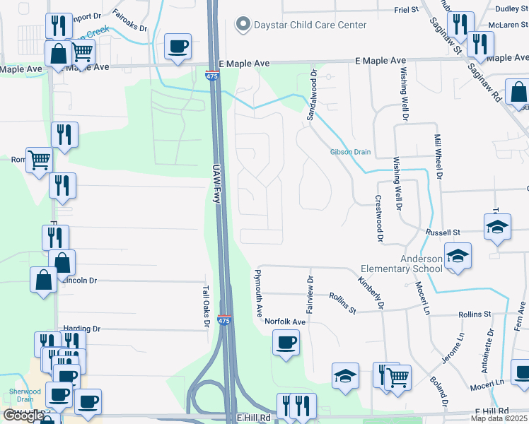 map of restaurants, bars, coffee shops, grocery stores, and more near 288 Ann Boleyn Lane in Flint