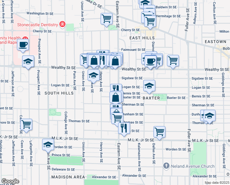 map of restaurants, bars, coffee shops, grocery stores, and more near 740 Baxter Street Southeast in Grand Rapids