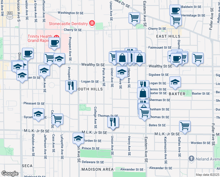 map of restaurants, bars, coffee shops, grocery stores, and more near 547 Union Avenue Southeast in Grand Rapids
