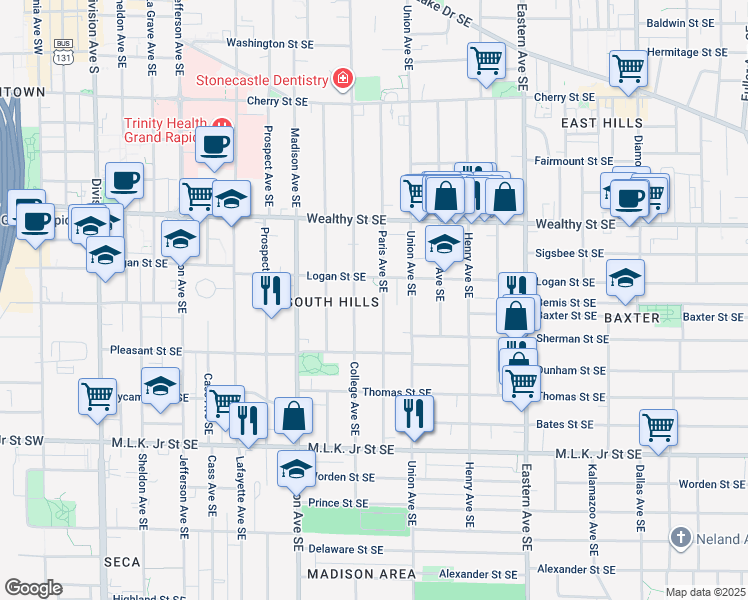 map of restaurants, bars, coffee shops, grocery stores, and more near 547 Paris Avenue Southeast in Grand Rapids