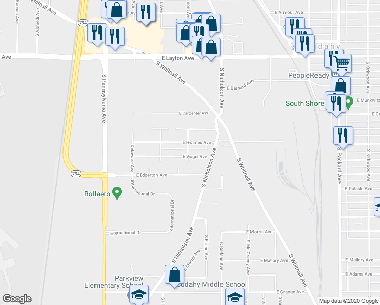 map of restaurants, bars, coffee shops, grocery stores, and more near 3002 East Vogel Avenue in Cudahy